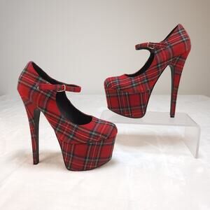 Vintage Y2k Plaid Platform Mary Jane Heels 6 Red 6.5 Inch Heel Height Pleasers